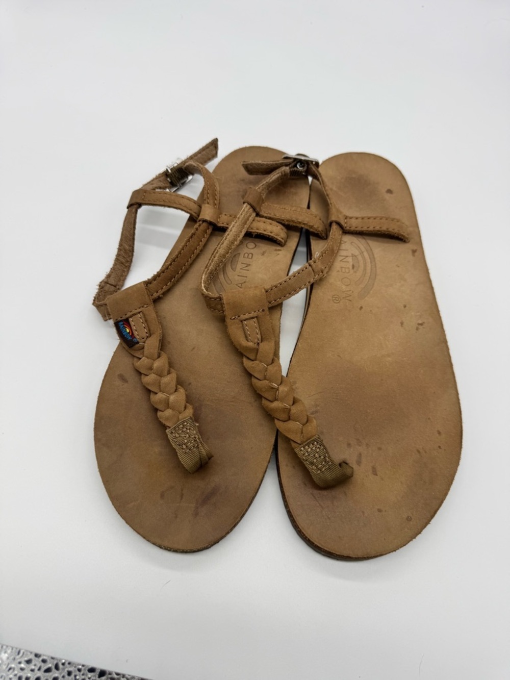 Rainbow Tan Braided Leather Toe-Post Sandals for Women